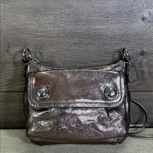 COACH HANDBAG Mini Poppy Crossbody Bag Purse Silver Metallic